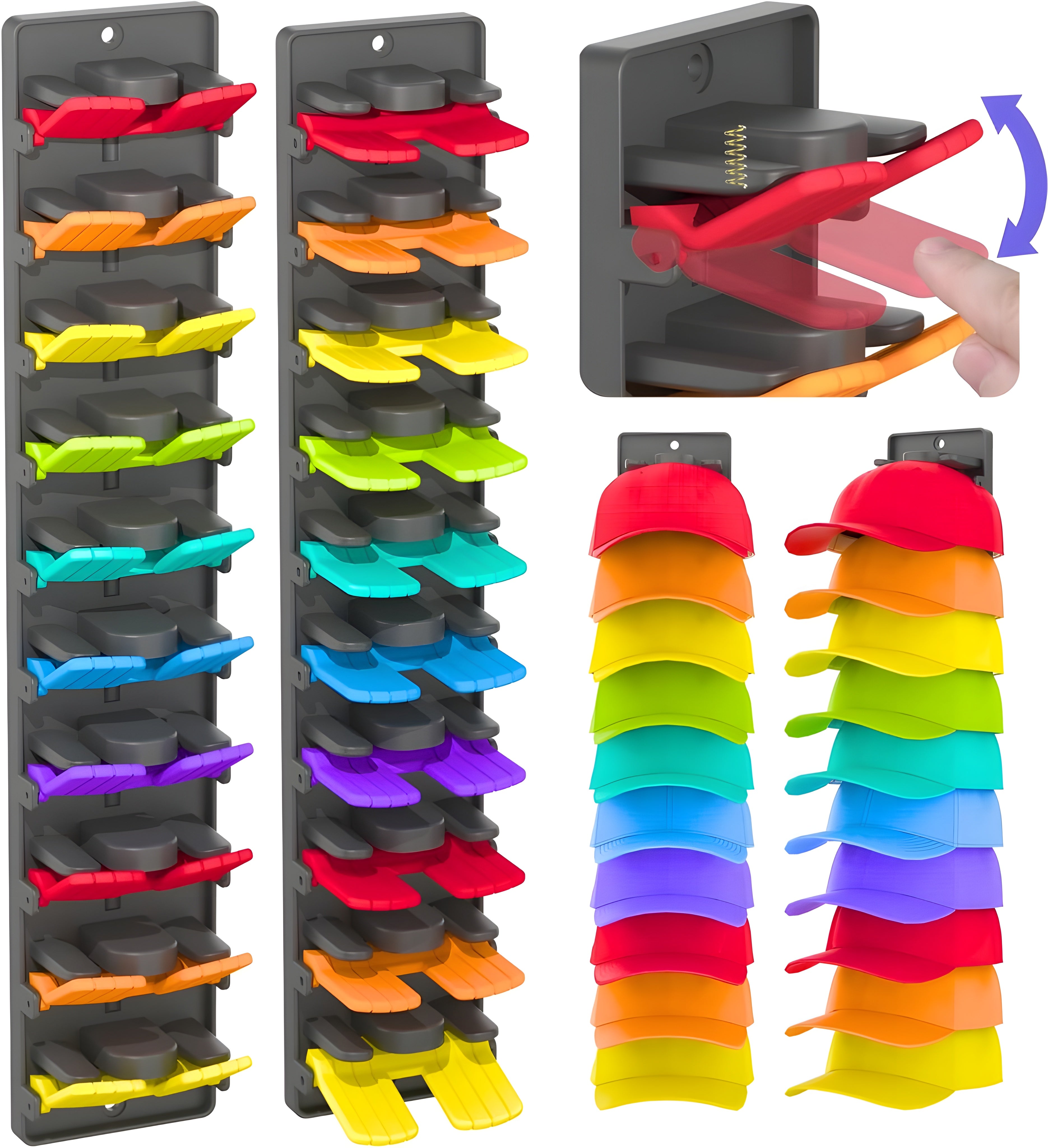 Wall Mounted Hat Organizer with various colored hats on a gray background.