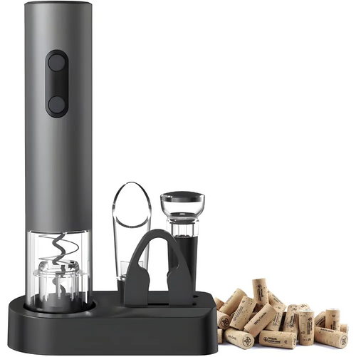 A electric wine opener set with a tall dark gray electric-style opener on a black base, a glass breaker, a corkscrew tool, and several cork stoppers on a white background.