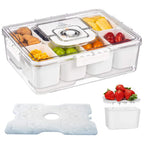 A Snackle Box with Lids food storage container with a white lid and multiple white bins, shown filled with assorted fruits and snacks. Two smaller inset images at the bottom show a translucent lid insert and a white accessory component on a white background.