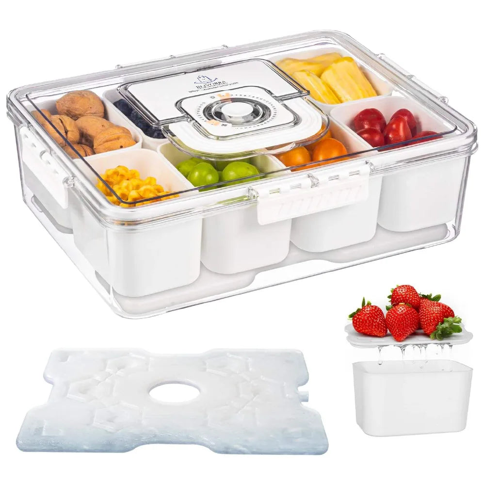 A Snackle Box with Lids food storage container with a white lid and multiple white bins, shown filled with assorted fruits and snacks. Two smaller inset images at the bottom show a translucent lid insert and a white accessory component on a white background.
