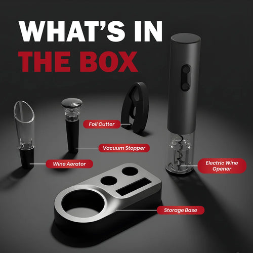 A product bundle labeled 'WHAT'S IN THE BOX' showing several wine-related accessories arranged on a dark background: a wine aerator, foil cutter, vacuum stopper, electric wine opener set, and a storage base, each with a red callout label.