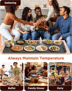 A collage showing a group of people gathered around a table with food and drinks, plus three smaller lifestyle scenes labeled Buffet, Family Dinner, and Party. The central product appears to be a large rectangular heating pad or tray on the table with multiple small dishes placed on top, and text reading 'Always Maintain Temperature. Food Warming Mat