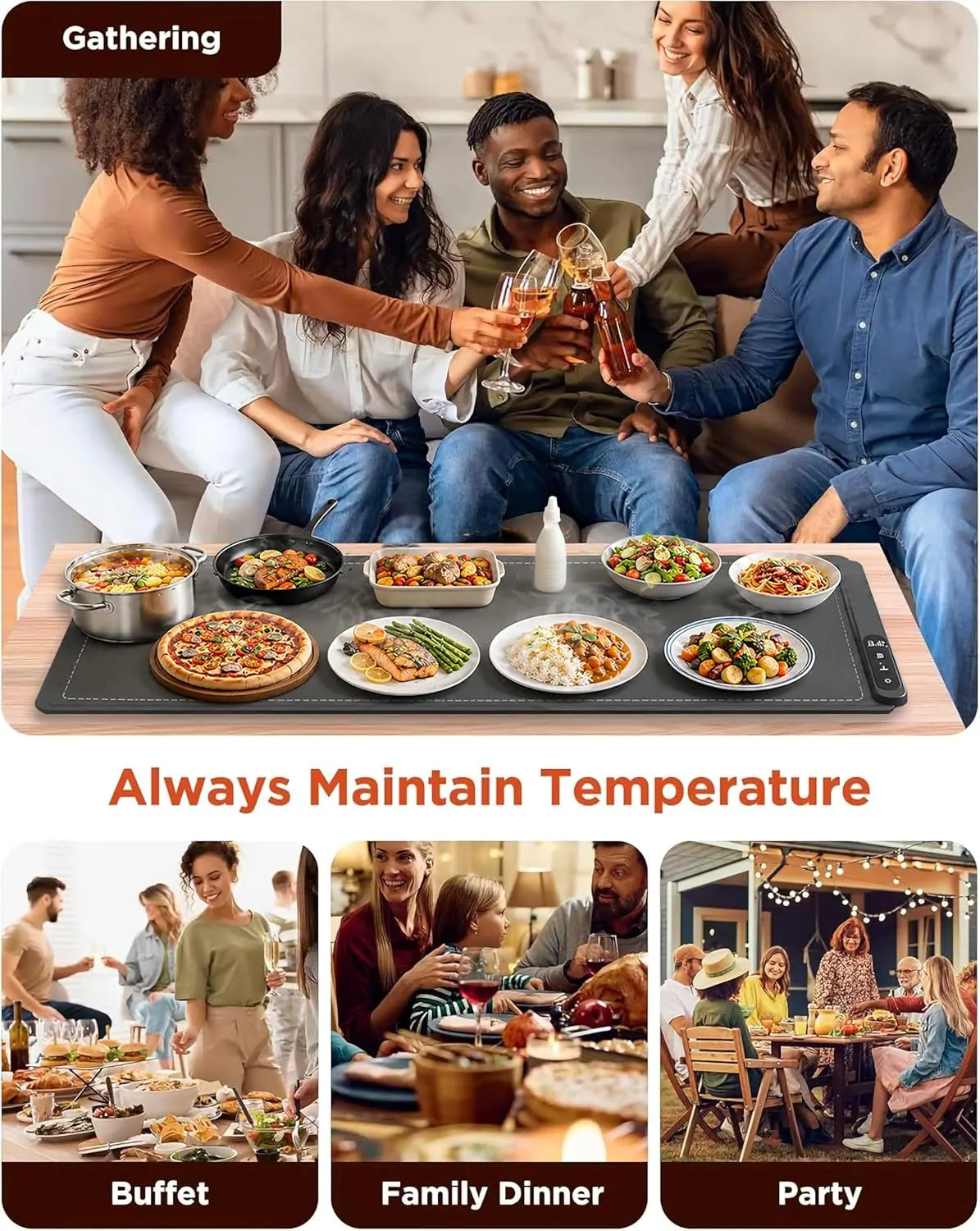 A collage showing a group of people gathered around a table with food and drinks, plus three smaller lifestyle scenes labeled Buffet, Family Dinner, and Party. The central product appears to be a large rectangular heating pad or tray on the table with multiple small dishes placed on top, and text reading 'Always Maintain Temperature. Food Warming Mat
