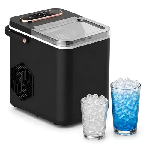 A Countertop Ice Maker with a clear lid and rose gold control panel, shown alongside two glasses filled with ice on a white background.