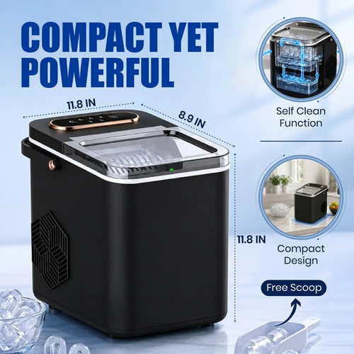 Black compactCountertop Ice Maker with text overlays highlighting its dimensions, self-clean function, compact design, and free scoop, set against a light blue background with ice cubes.