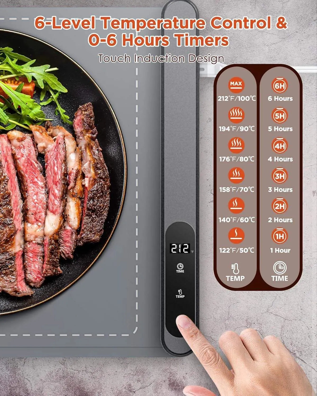 Digital temperature controller with steak cooking display on a kitchen counter Food Warming Mat